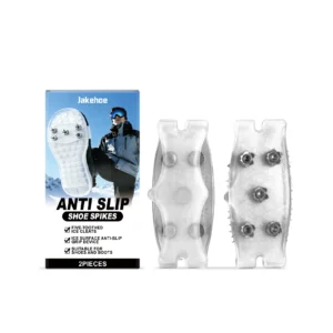 A pair of Jakehoe 5-tooth anti-slip shoe spikes with rubber straps, designed for secure traction on ice and snow during winter hiking.